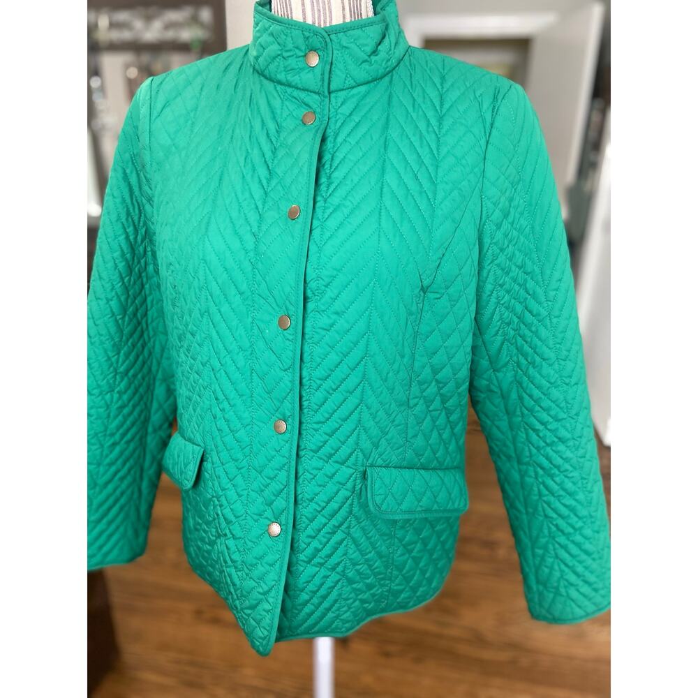 Talbots petite green quilted long sleeve jacket with plaid lining - Picture 3 of 10